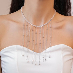 Women Tassel Necklace Elegant Glass Crystal Beaded Iron Chain Multi Layer Long Fringe Fashion Niche Style Jewelry