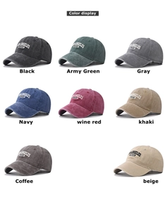 Présentation matricielle de huit casquettes en coton délavé de diverses couleurs vintage