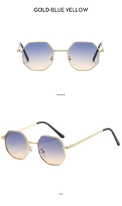Detail of polygonal metal sunglasses with gold frames and blue-yellow gradient lenses