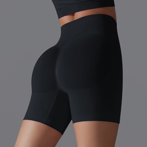 Detail view of high waist seamless yoga shorts with scrunch butt lifting effect in black