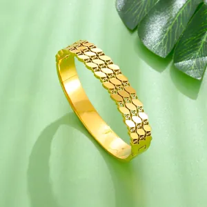 Gold stainless steel hollow horse-eye bangle with a double-row elliptical linked design