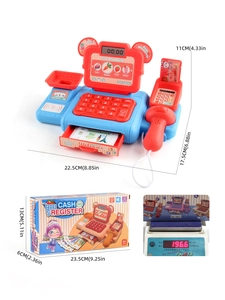 Kids toy cash register with light and sound scanner plus size and weight details