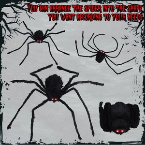 Macro shot of flexible black plush spider with glowing red eyes for Halloween decor