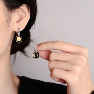 S925 sterling silver hoop earrings featuring a geometric square purple zircon pendant