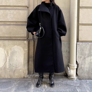 Trench-Coat Long Pour Femme Col Montant Simple Boutonnage Oversize Manteau En Laine Mélangée Couleur Unie