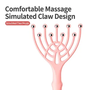 Pink manual head massager with 12 flexible claws and stainless steel rolling balls