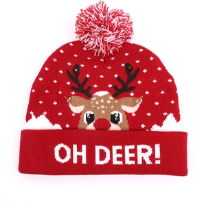 Red LED Christmas knit hat with white snowflakes, reindeer pattern and Oh Deer text