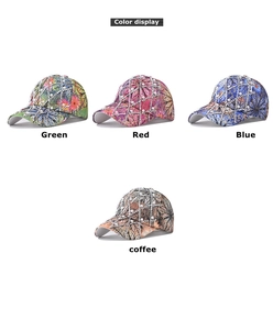 Detail display of floral baseball caps featuring rhinestone and pearl grid patterns