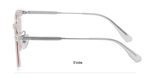 Side view of square transparent frame glasses with slim silver metal temples