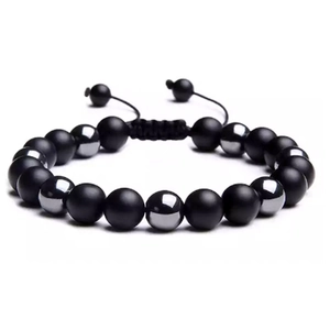 Handmade hematite and matte obsidian beaded bracelet with adjustable braided rope cord