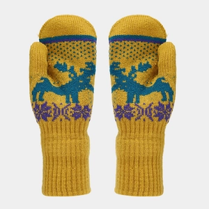 Detail of ginger knit mittens featuring blue elk patterns and long ribbed cuffs for warmth
