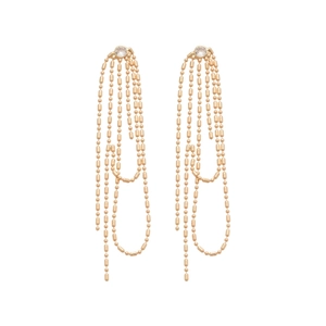 Eleganti orecchini a lobo in zircone dorato con lunghe catene a nappa con perline per donna