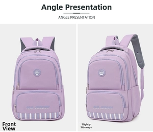 Detail view of purple nylon backpack featuring multiple compartments and HSD logo branding