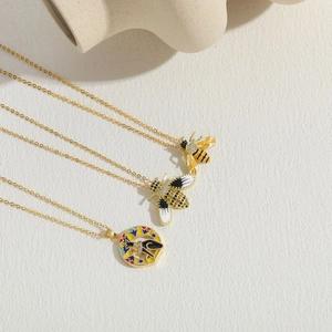 Three dainty bee pendants with dripping oil zircon on gold plated necklace for women