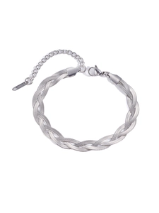 Detail of silver stainless steel woven chain bracelet with lobster clasp and extender
