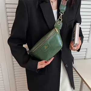 Chic green faux leather crossbody chest bag with vintage embroidery strap for women