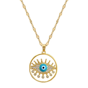 Luxury gold titanium steel evil eye necklace with blue crystal and white rhinestones