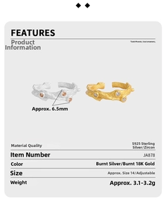 Detailed view of S925 sterling silver ring with irregular texture and cubic zirconia inlay