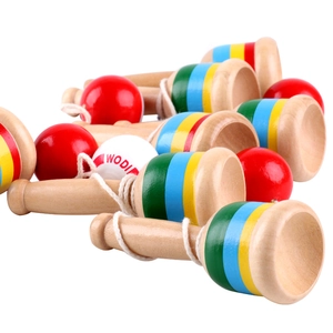 Classic wooden kendama catch ball toy with red balls and colorful striped handles