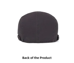 Detail view of charcoal gray cotton newsboy cap featuring a metal adjustable back buckle