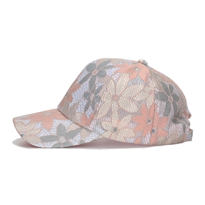 Lace floral baseball cap for women with pink and grey flower patterns on white mesh