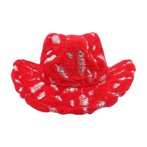 Christmas Western Cowboy Hat For Adults Plush Wide Curved Brim With Gold Snowflake Feather Decor For Stage Party Accessory