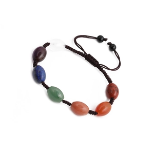Colorful oval seven chakra stone beads braided bracelet with adjustable brown cord