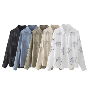 Women Fashion Polyester Satin Bead Embroidery Shirt Top Wide Leg Pants Bottom Set Casual Rhinestone Decorative Blouse Trousers