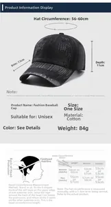 Size chart for distressed baseball cap showing 56-60cm head circumference and measurement guide