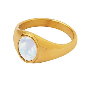 Chevalière Vintage Française Acier Titane Plaqué Or 18K Nacre Blanche Bijoux De Mode Minimalistes Femmes