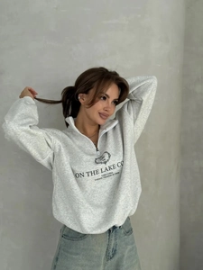 Vintage grey half-zip sweatshirt in 100% cotton with luxury Lake Como letter print