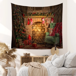 Detail view of a cozy Christmas fireplace and decorated tree on a wall tapestry