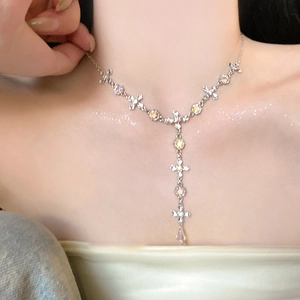Cross Tassel Y-Shaped Necklace Alloy Iridescent Crystal Rhinestone Water Drop Pendant Elegant Jewelry For Women