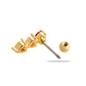 Detail of gold screw-back stud earring featuring yellow, pink, and red gemstones