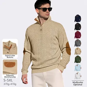 Men Knitted Sweater Stand Collar Vintage Button Pullover Long Sleeve Elbow Patches Casual Textured Knitwear