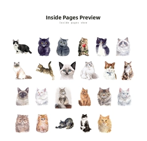 Detail view of 23 unique watercolor cat stickers for scrapbooking and journaling