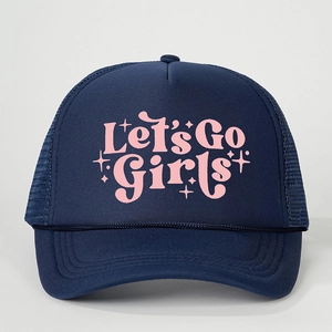 Detailed view of the mesh trucker hat featuring pink Let's Go Girls text and stars