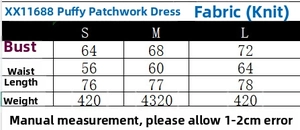 Tableau des tailles détaillé pour robe en maille patchwork avec mesures du buste et longueur