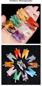 Detailed close-up of colorful tooth-shaped natural stone and crystal pendants