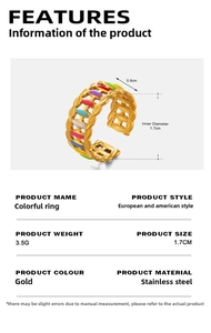 Detailed size and material specs for gold plated stainless steel colorful enamel ring