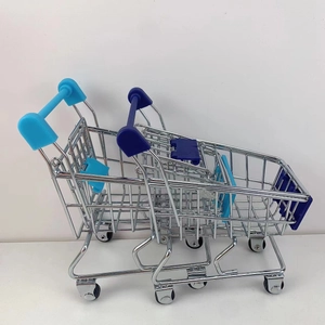 Detailed view of mini metal shopping carts in sky blue and navy blue colors