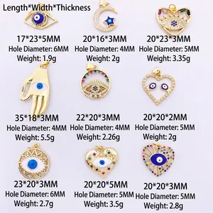 Size guide for evil eye zircon pendants including Hamsa and heart shapes in 9 styles