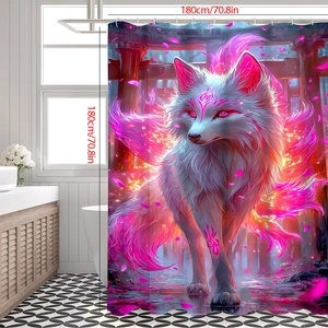Detail eines 3D-Duschvorhangs mit Fantasy-Fuchs und Torii-Tor in einem modernen Badezimmer