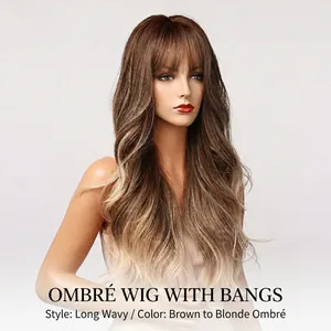 Detail view of long wavy blonde ombre wig with bangs and natural fiber texture