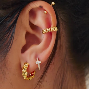 Golden 18K gold-plated C-shaped lava hoop earrings and studs set for multiple piercings