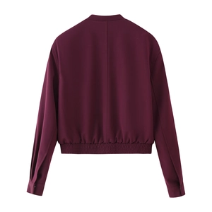 Burgundy long sleeve bomber jacket for women with elastic hem shown from the back view
