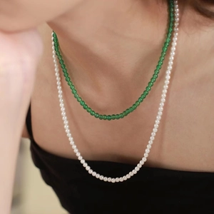 Vintage Green Agate Imitation Artificial Pearl Beaded Necklace Layered Copper Chain Elegant New Chinese Style Jewelry For Women