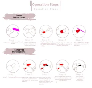 Detailed instructions showing how to apply and remove solid yellow press-on nails