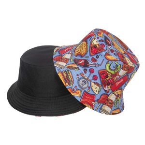 Dual-sided bucket hat with fast food print and plain black design for sun protection