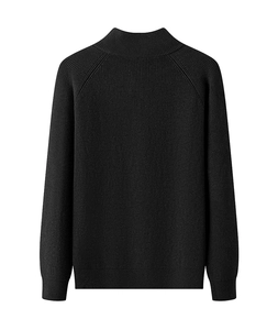 Back view of black knit sweater with detailed vertical ribbing and raglan sleeves